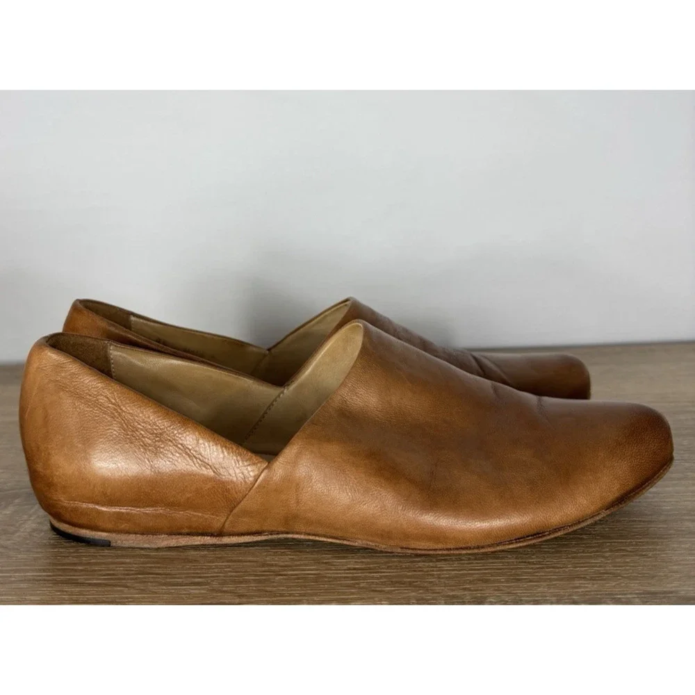 I.N.K. Shoes Made in Italy Cognac Leather Loafers Slip On Flats Burnished Sz 9.5